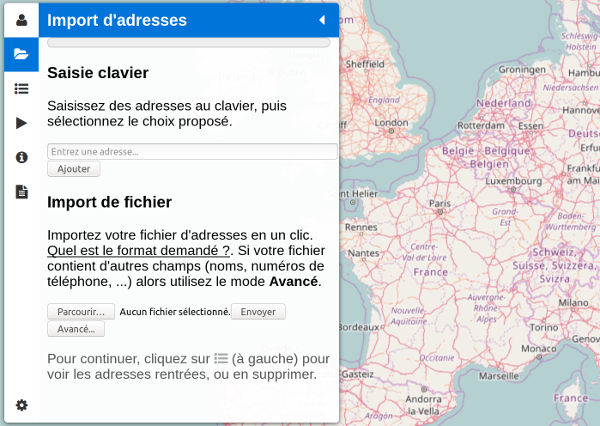 Menu d'ajout d'adresses au clavier ou avec un fichier Excel