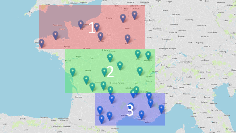 Carte de France sectorisée en 3 zones