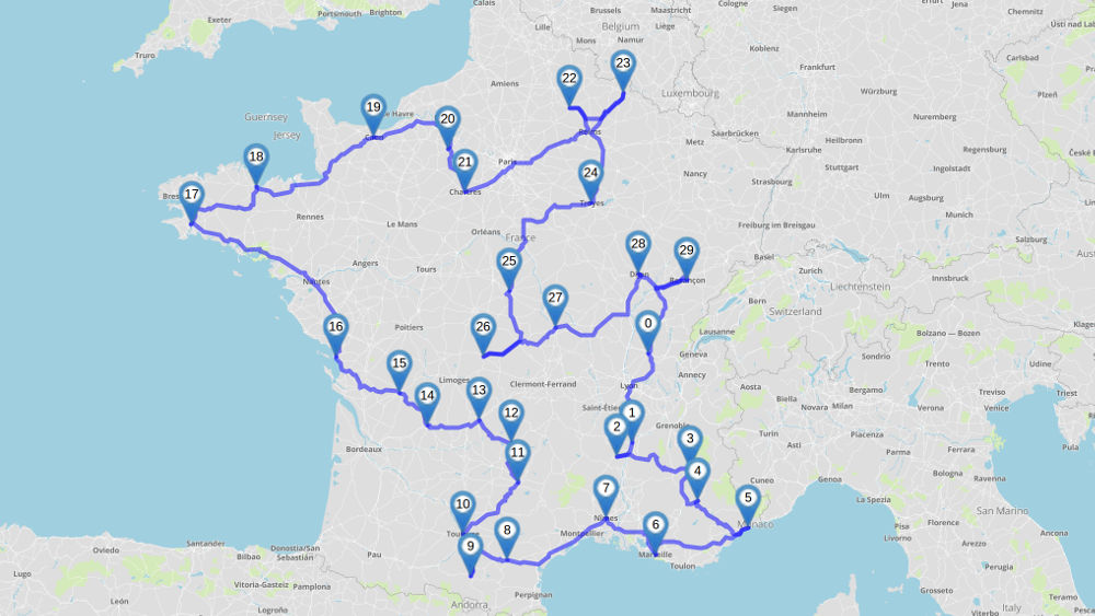 Itinéraire optimisé entre 30 points